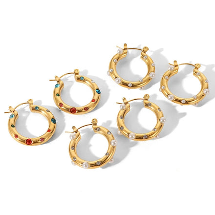 Wholesale Non Tarnish New Design Stainless Steel 18k Gold Plated Pearl Hoop Rhinestone Earrings Statement for Women