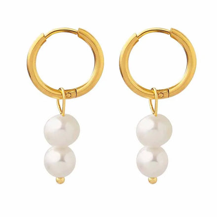 Versatile Commuter Freshwater Pearl Double Beaded 18K Gold Plated Stainless Steel Hoop Drop Earrings for Women Business Occasion