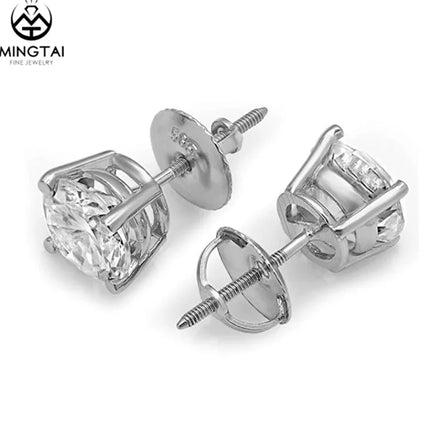 Round Brilliant Cut Zircon Screw Back Stud 18k White Gold Diamond Womens Wedding Earrings for Women