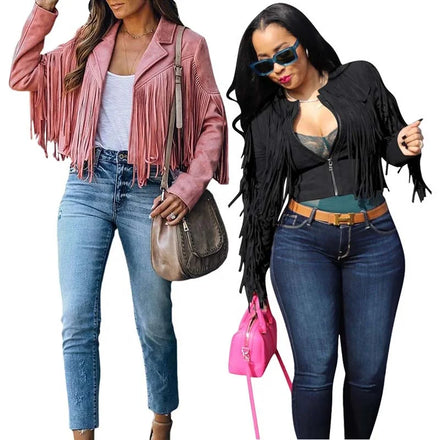 Womens Cool Jackets Western Fringe Cropped Top Tassel Faux Suede Coat Cowgirl Hippie Costume Motorcycle Clothing Biker Jacket