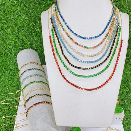 S11156 Dainty Minimalist 18k Gold Plated Colorful Square CZ Diamond Zircon Baguette Pave Tennis Necklace & Bracelet Jewelry Set
