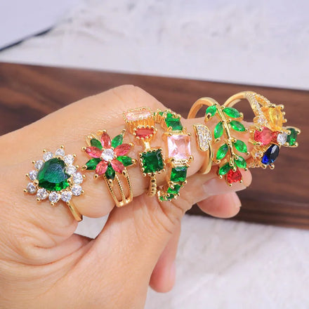 RM1508 18k Gold Plated Rainbow Multicolored Colorful Diamond Cubic Zirconia CZ Micro Pave Leaf Flower Shaped Rings for Ladies