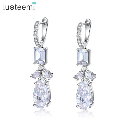 LUOTEEMI Elegant Woman Fashion Earing Zircon Jewelry Charm Flower Cubic Crystal Dangle Drop Hoop Earrings