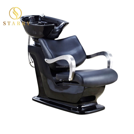 Modern Black Fiberglass & PU Leather Reclining Shampoo Station for Salon Barbershop & Hotel Use with Ceramic Bowl
