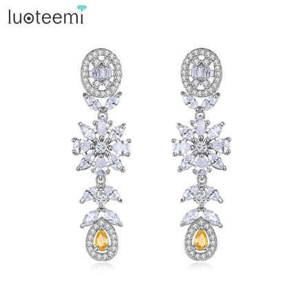 LUOTEEMI Trending Luxury 2026 Art Flower Jewelry Earing Big Woman Geometric Drop Earring Cubic Zirconia