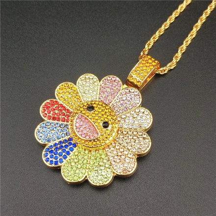 Hip Hop Iced Out Bling Rotatable Sunflower Necklaces Multicolor
