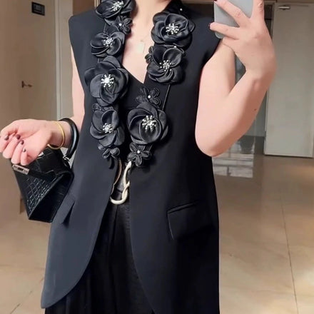 Women Black Big Size Elegant Casual Breathable Eco-Friendly Knitted V-neck Sleeveless Vest Spring Autumn 2025