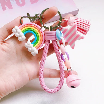 Korean Cute Rainbow Keychain Leather Strap Braided Rope Tassel Key Chain for Women Girl Bell Lollipop Bag Charm Pendant