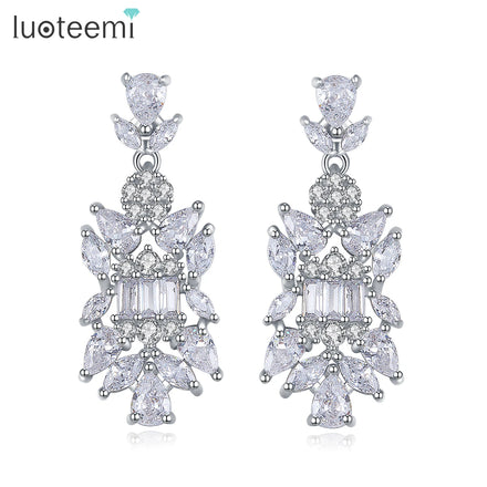LUOTEEMI Flower Cubic Zirconia Fashion Jewelry Dangling Earing Woman Big Zircon Elegant Bridal Earrings
