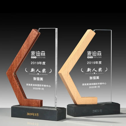 Custom Laser Engraved Crystal Glass Wooden Award Plaque Crystal Award Plaque with Marble Base MH-NJ00683