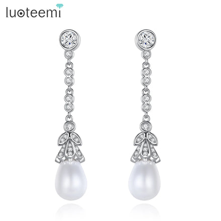 LUOTEEMI Drop Earing Woman Bride Wedding Bridal Elegant Diamond Zircon Jewelry Fashion Flower Pearl Earrings