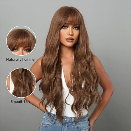 Wig Manufacturer Long Brown Natural Wave Synthetic Wigs with Bangs Copper Ginger Hair Wigs for Women Daily Use Heat Resistant