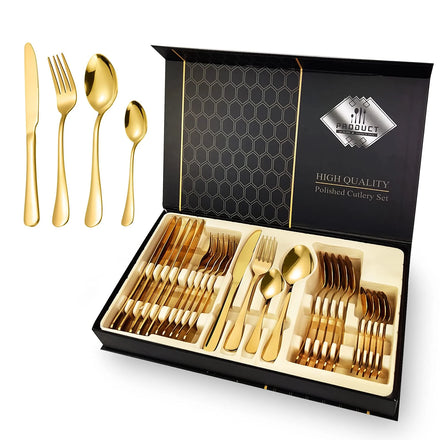 Wholesale 24 Pcs Elegant Cutlery Set High Quality Mirror Polished Spoon and Fork with Gift Box Customizable