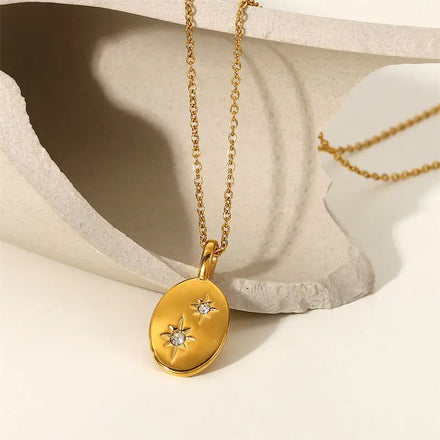 Europe and the United States Fashion Inlaid Zircon Clavicle Chain Titanium Steel Plated 18K Star Elliptical Pendant Necklace
