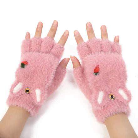 MIO Lovely Soft Fluffy Gloves Women Winter Thick Warm Elastic Cuff Gloves Flip Cartoon Cat Claw Pattern Plush Fingerless Gloves