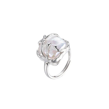 Fine Jewelry Vintage Geometric S925 Sterling Silver Pearl Adjustable Ring for Women