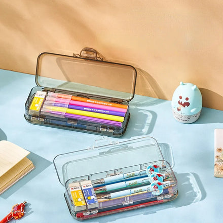 Large Capacity Transparent Plastic Double-Layer Buckle Student Pencil Box Creative Multi-Functional New Stationery Case