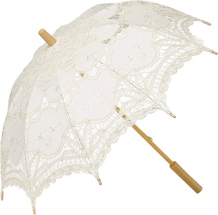 Vintage Manual Wood Handle Wedding Bride Ivory Lace Parasol Umbrella with Hanging Function Business Gifts 8 Ribs