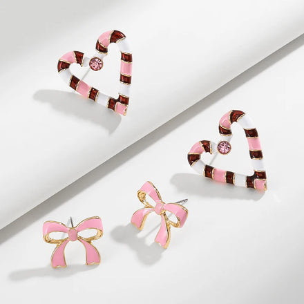 Factory Bulk Wholesale Women Girl Cute Heart Princess Cut Stud Christmas Zinc Alloy Enamel Earrings Bow 18K Gold Plated Party
