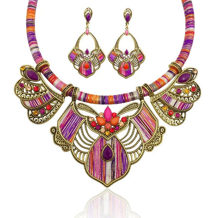 Bohemian Chain Tribal Charm Bib Choker Necklaces Chunky Necklace Earrings Oxidized Indian Jewelry Necklace Sets for Women