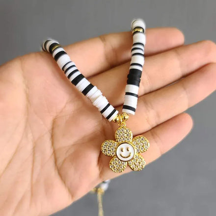 NM1220 Bolo Ethnic Black and White Polymer Clay Disc Beaded CZ Micro Pave Smile Sunflower Pendant Necklace Femme Beach Necklace