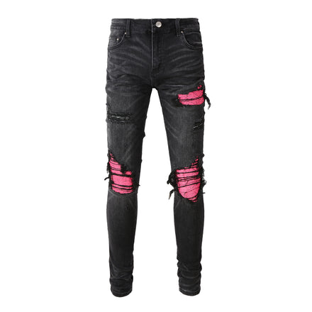 Wholesale Men Slim-Fit Stretch Denim Pants Black High Street Streetwear Tapered Ripped Hip Hop Casual Washed Eco-Friendly Jeans