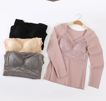 2025 Thermal Long-sleeved Underwear Ladies Slim Lace Chest Pad Integrated Velvet Youth Women's Thermal Blouse