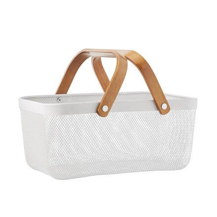 Picnic Basket Gift Decorative Mesh Metal Wire Bread Fruit Vegetable Storage Basket with Wooden Handle