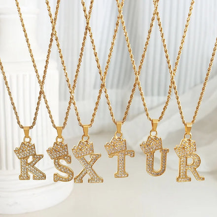 Personalized Stainless Steel 18K Gold Rope Chain Iced Out CZ Crown Letter 26 Initial Pendant Necklace