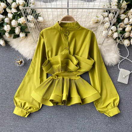 Spring Full Sleeve O-Neck Shirts Women Solid Draped Casual Blouse Ladies Elegant Clothing Clothes Women Wholesale