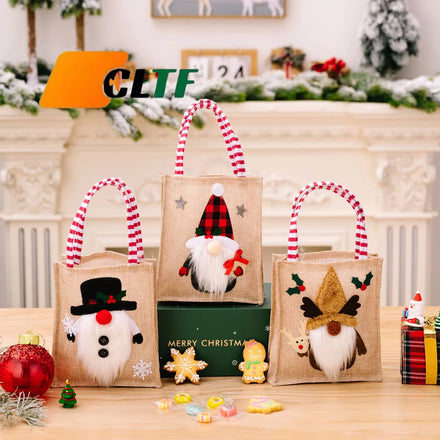 Cartoon 3D Printed Linen Fabric Handbag Christmas Gift Bag Christmas Candy Bag for Kids Christmas Decoration Ornaments
