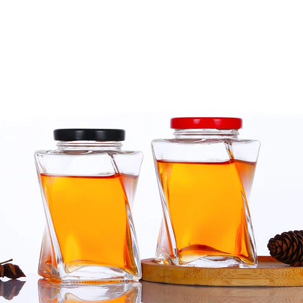 Wholesale New 500g Empty Honey Bottles Clear Square Glass Honey Jars with Metal Cap 360ml Twist Shape Honey Bottle with Lid