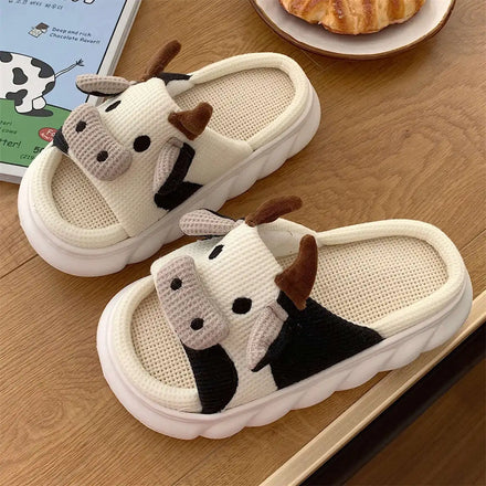 Winter Cow Animal Flax Slippers Casual Linen Indoor Home Thick Sole Slippers for Women