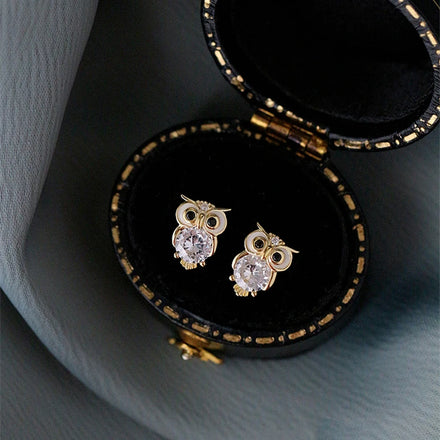 2025 Cute Design Girls Jewelry Gold Plated Silver Zircon Owl Stud Earrings