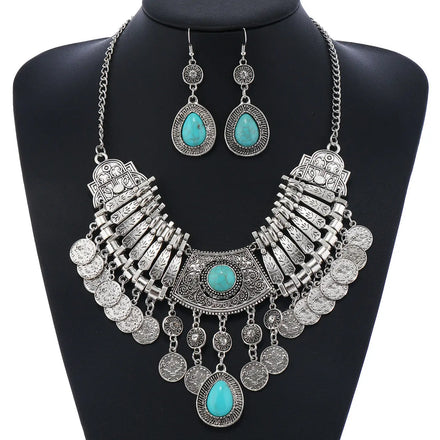 Fashion Jewelry Set Retro Green Stone Statement Choker Necklace Earrings Oxidized Jewelry Necklace Sets for Women