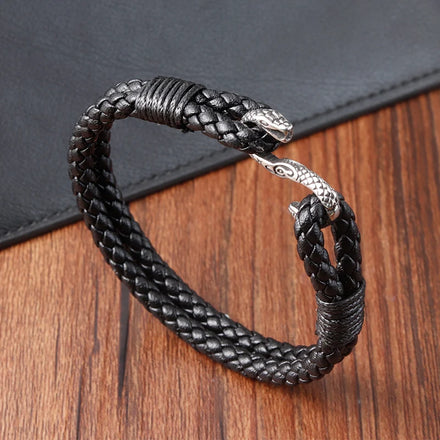 Wholesale Stainless Steel Snake Animal Leather Bracelet 316L Stainless Steel Magnetic Clasp Black Genuine Leather Bracelet Men