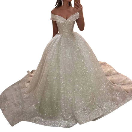 13868# Sparkle Cap Sleeve Wedding Ball Gown Luxury V-Neck Off Shoulder Bridal Dresses Lace-Up Sweep Train gown for Women