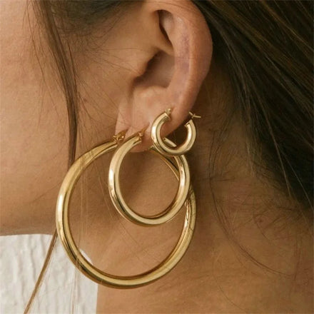 Fashion Trendy New Classic Simple Design Stainless Steel Gold Plated Round Circle Hoop Earrings for Women