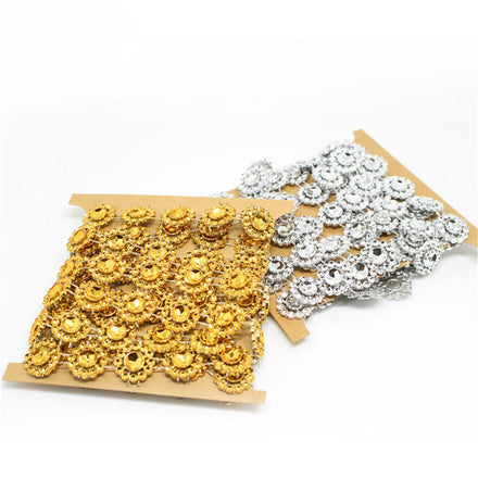 2 Yards Sunflowers Rhinestone Chain Ribbon Trim Sewing DIY Dress Decor Applique Gold Set