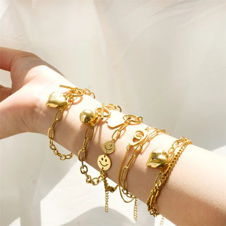 Wholesale Stainless Steel Double Layer Hand Clasp Good Luck Owl Heart Ball Smiling Face Bracelet Charms