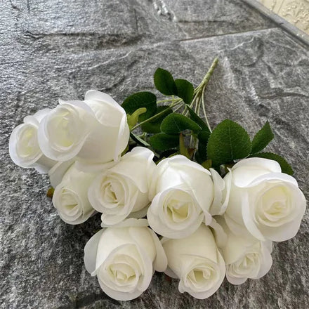 New Arrival B-2326 Artificial Silk White 9-Head Rose Bud Bouquets Flower Rose for Wedding Decoration