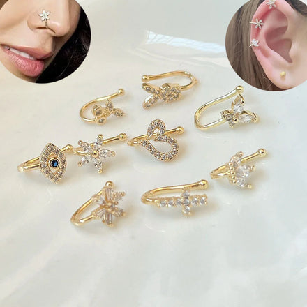 ZF Real Gold Plated Nose Cuff Faux Fake Piercing Jewelry Clip Cute Star Zircon Heart Design Wedding for Men and Women