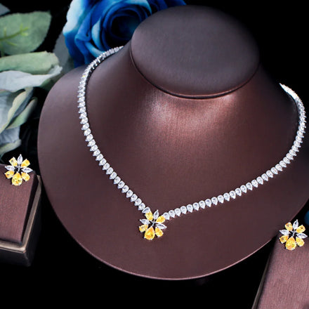 Shiny Yellow Cubic Zircon Crystal Women Party Engagement Wedding Flower CZ Necklace and Earrings Jewelry Set Bridesmaid Gift