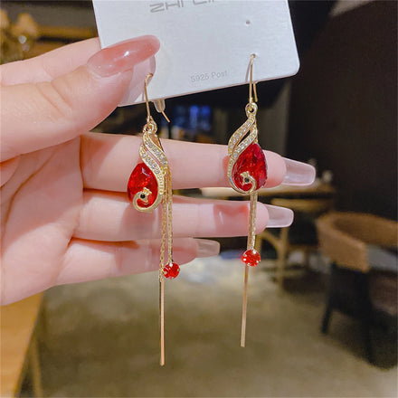 Women Peacock Earrings Elegant Retro Peacock Rhinestone Long Tassel Earrings Drop Dangle Jewelry