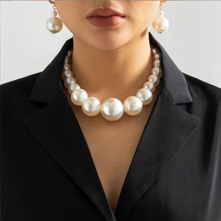Luxury Large Pearls Rhinestone Ball Choker Necklace Bracelet Earring Set for Women Fashion Clavicle Chain Short Bridal Necklace