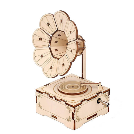 3D Gramophone DIY Engraved Model Kit Brain Teaser Educational STEM Building Kit Hand Crank Wooden Puzzle Music Box
