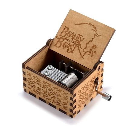 Wooden Beauty and the Beast Music Box Hand Crank Classic Antique Carved Wood Music Box for Kids