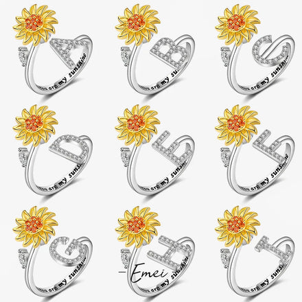 New You Are My Sunshine Rotatable Fidget Sunflower Initial Letter Spiring Ring Silvejewelryang 3 Pcs Copper Alloy Micro Insert