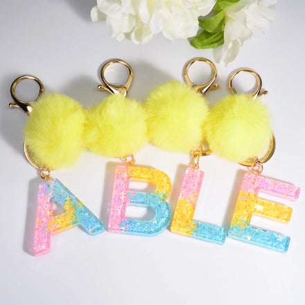 Rainbow Color Fur Ball Keychain Crystal Drip Resin 26 English Letters Initials Keychain Bag Charm