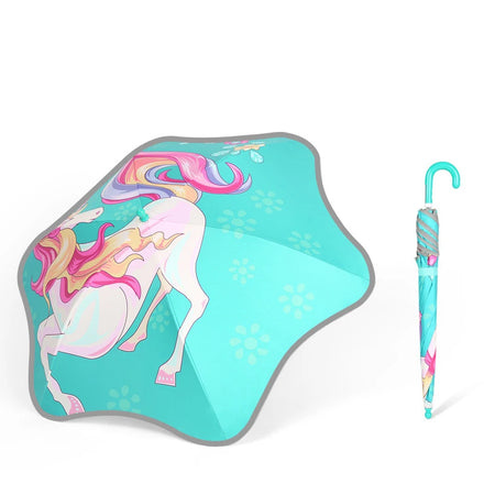 LOTUS 19 Inch Kids Cartoon Unicorn Straight Umbrella Reflective Blunt Corner Black Coating Personalized Name for Card Manual